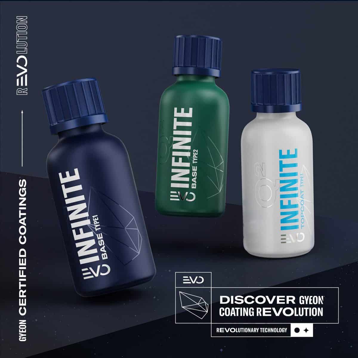 A collection of Gyeon Infinite ceramic coating bottles from a certified detailer